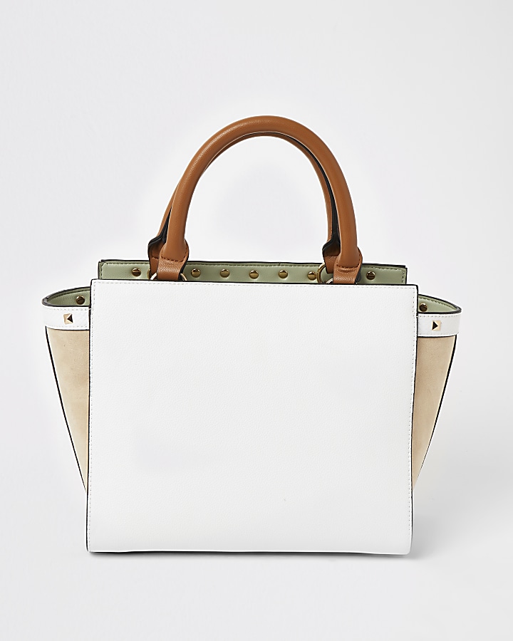 White RI embossed studded tote handbag