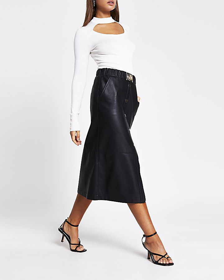 Black faux leather belted waist midi skirt