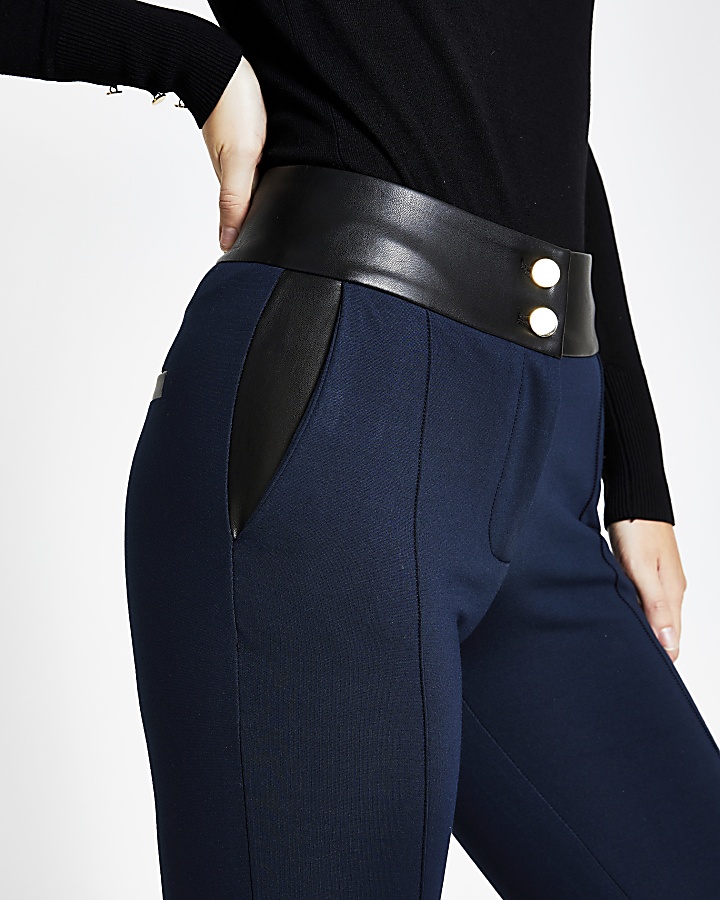 Navy faux leather and ponte cigarette trouser