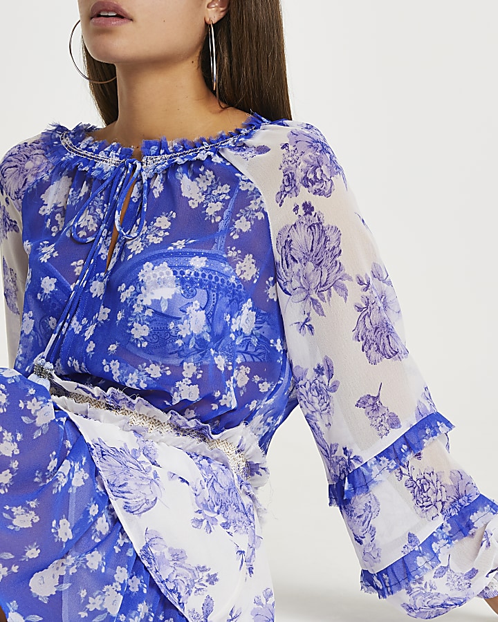 Blue floral smock beach dress cover up