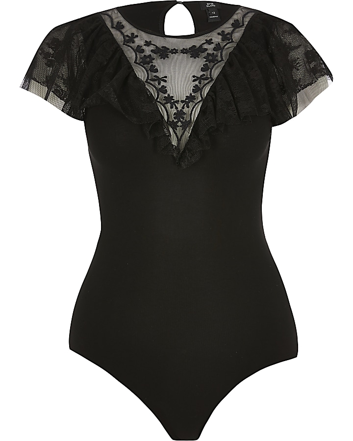 Black embroidered mesh ruffle bodysuit