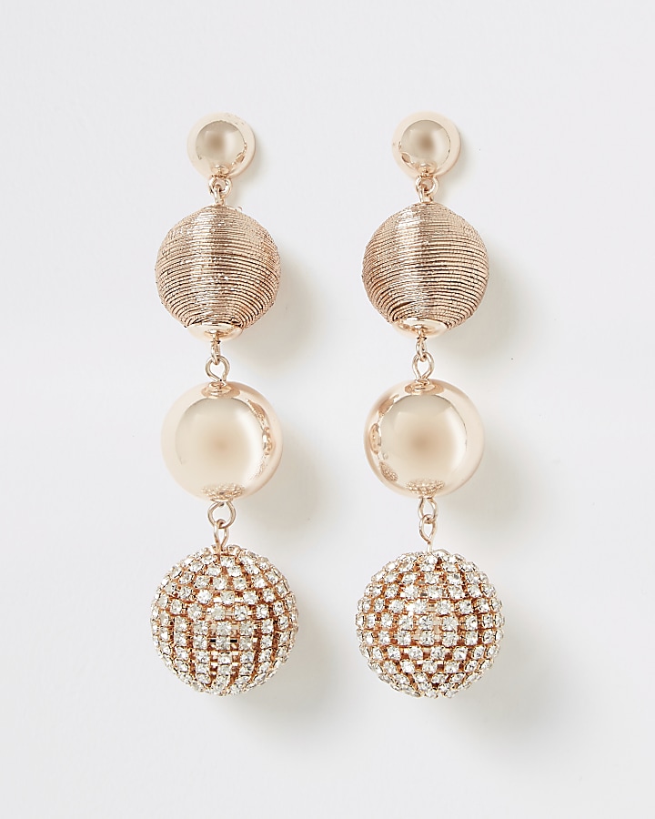 Rose gold colour diamante ball drop earrings