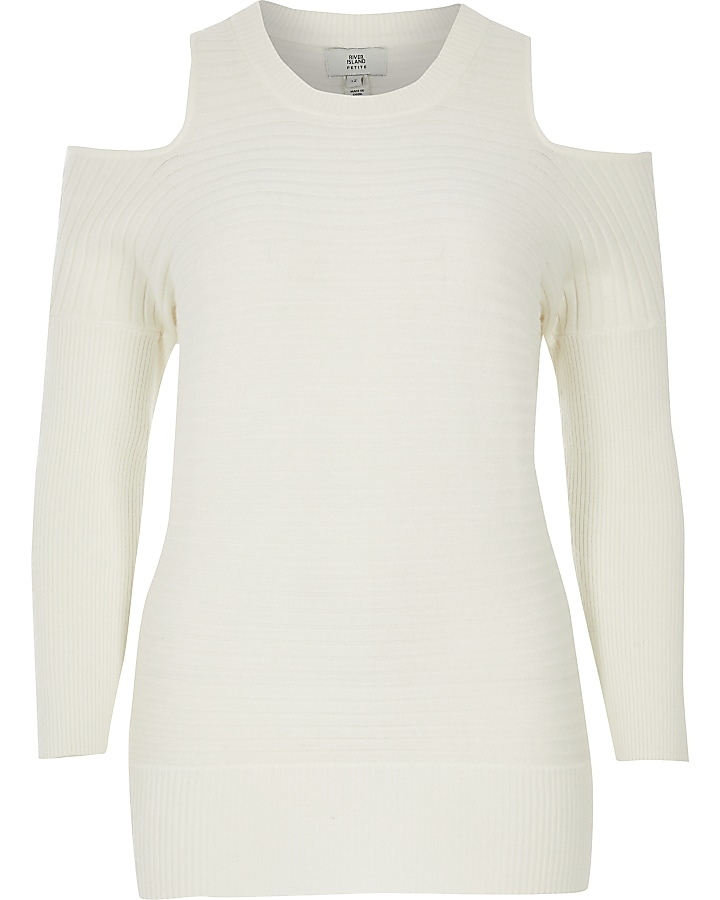 Petite cream cold shoulder rib knitted jumper