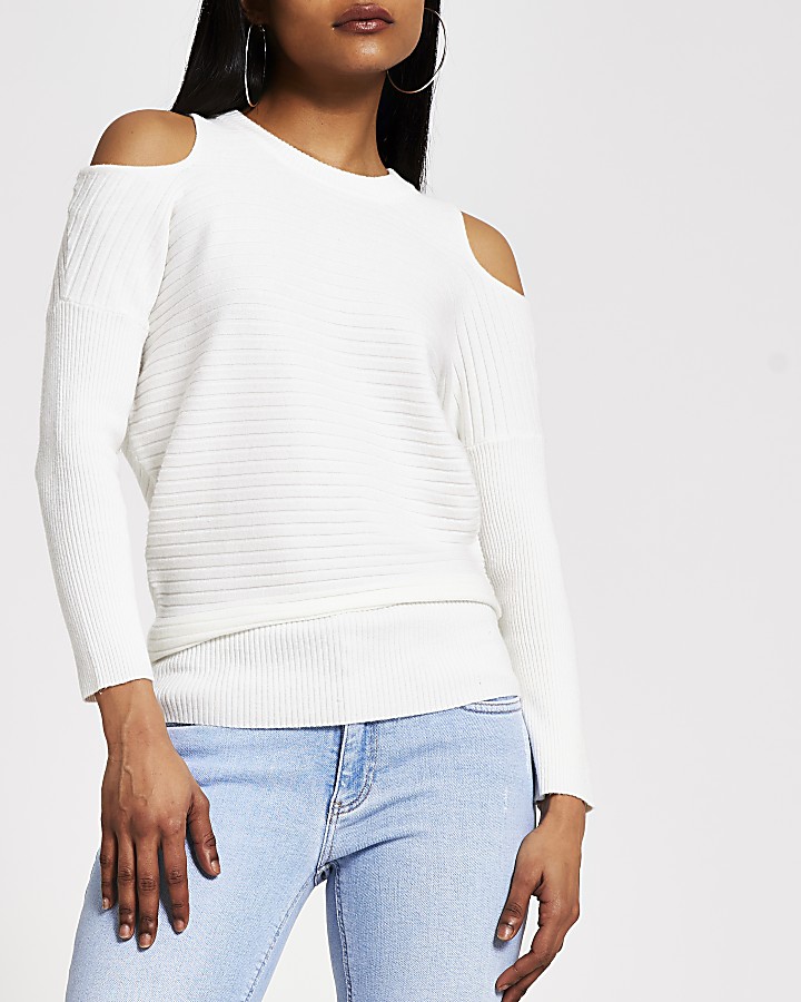 Petite cream cold shoulder rib knitted jumper