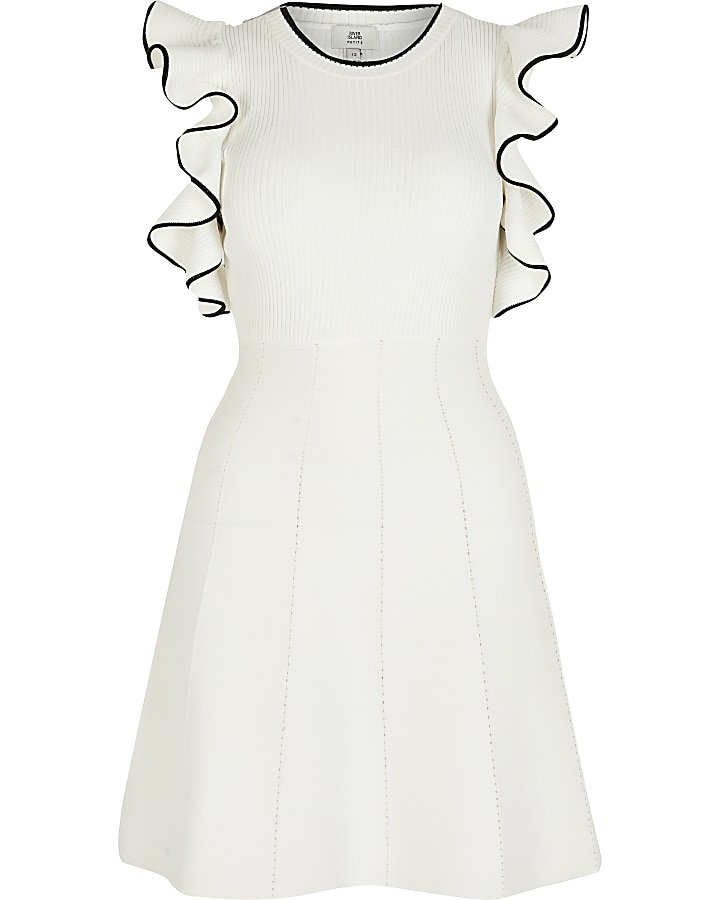 Petite white cold shoulder frill sleeve dress