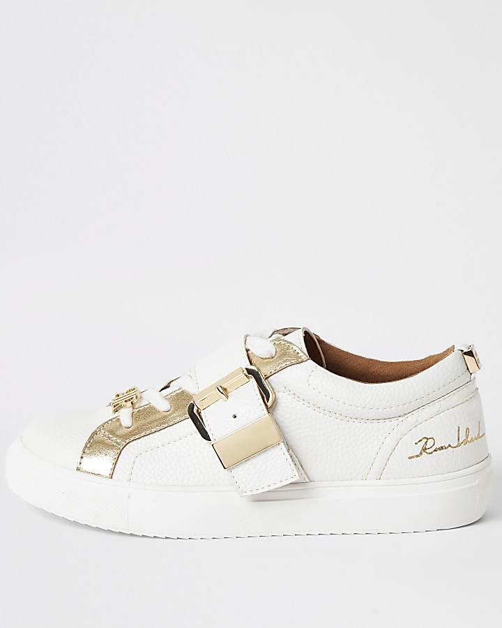White buckle strap lace-up trainers