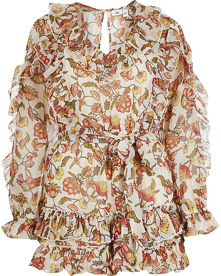 Pink floral print long sleeve frill playsuit