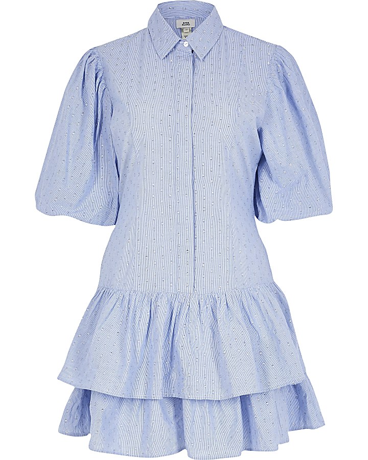 Blue puff sleeve shirt mini dress