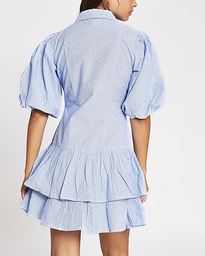 Blue puff sleeve shirt mini dress
