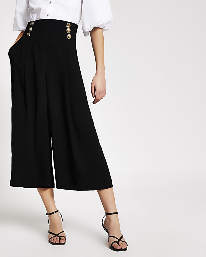 Black button front cropped wide leg trousers
