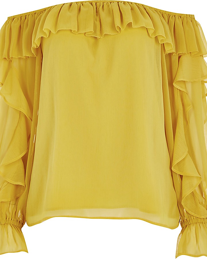 Yellow long sleeve frill bardot top