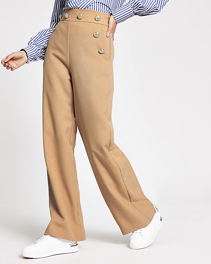 Beige button high waist wide leg trousers