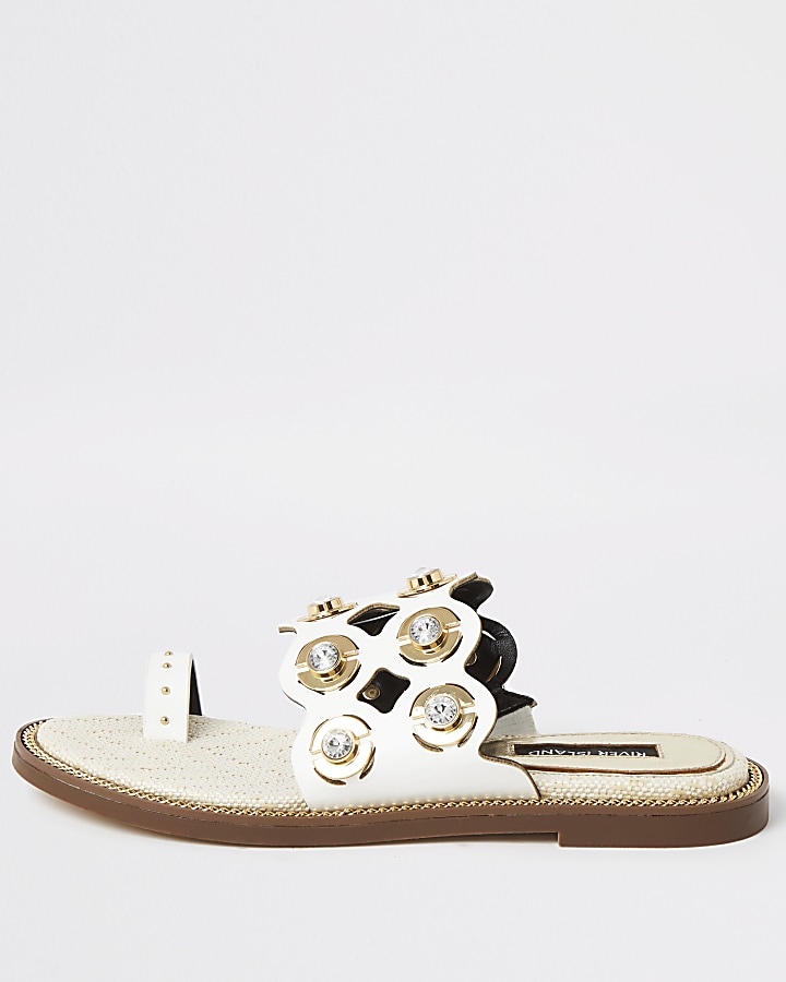 White cutout embellished wide fit sandals