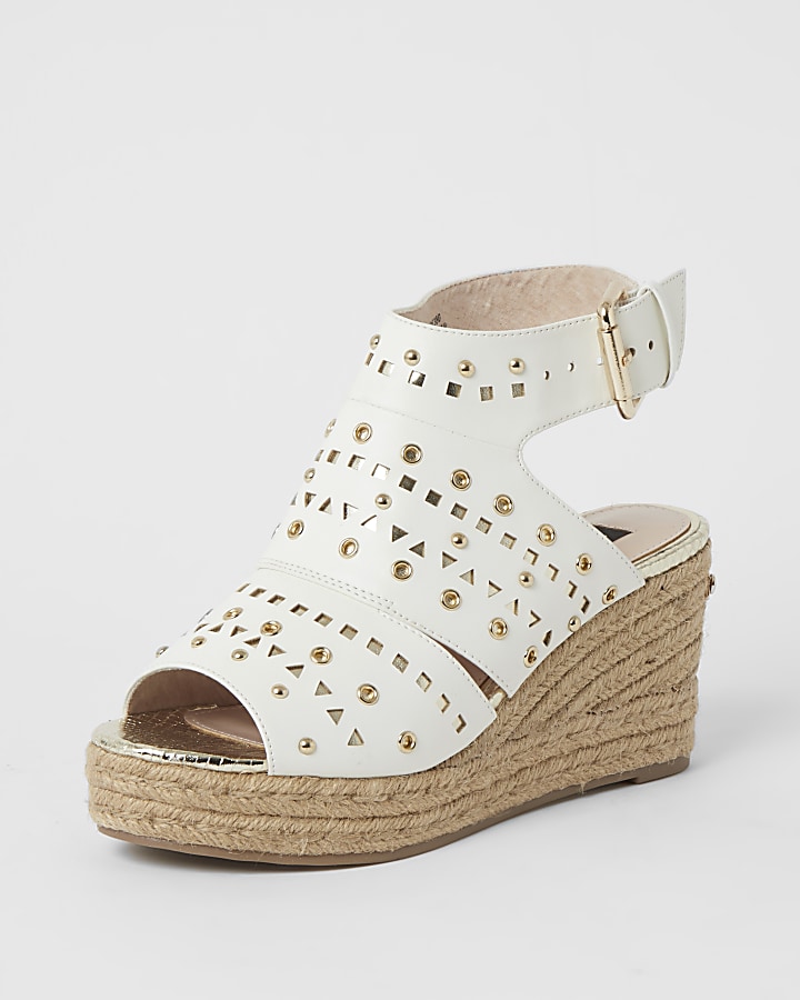 White studded open toe wide fit wedge sandals