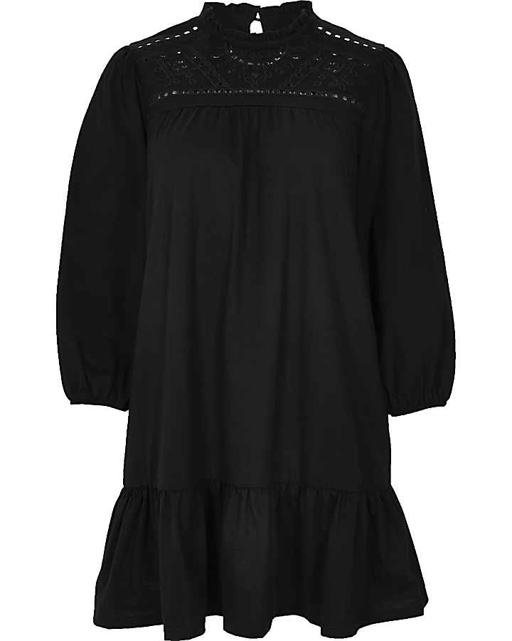 Black broderie long sleeve mini smock dress