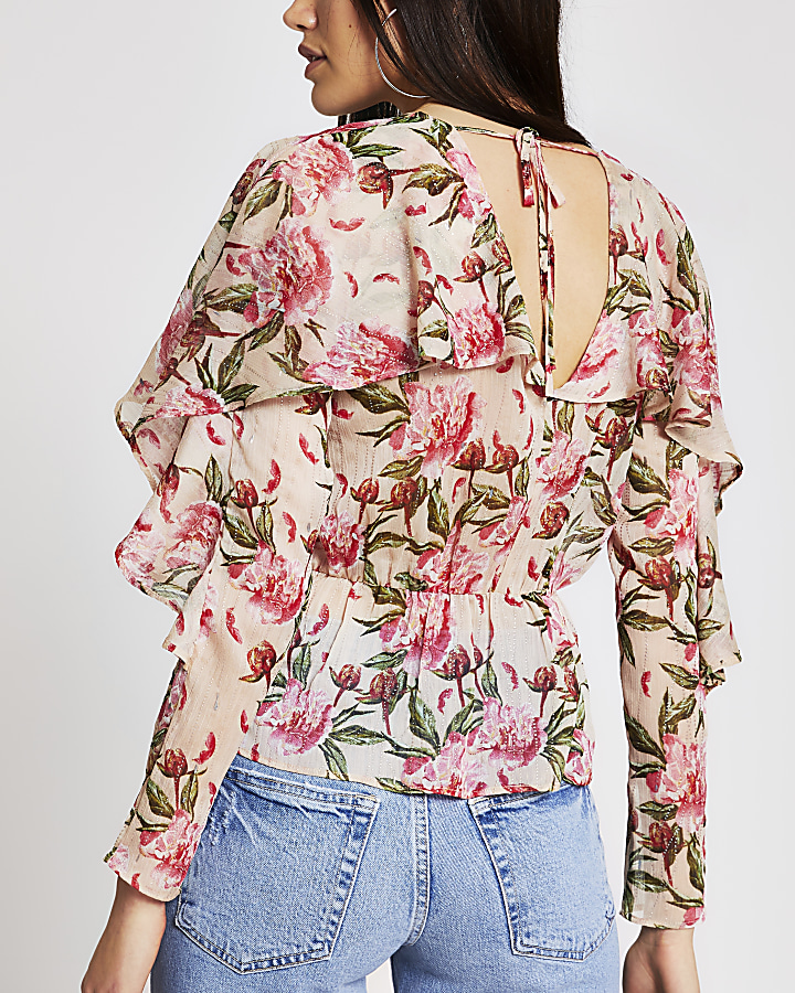 Pink floral long frill sleeve blouse
