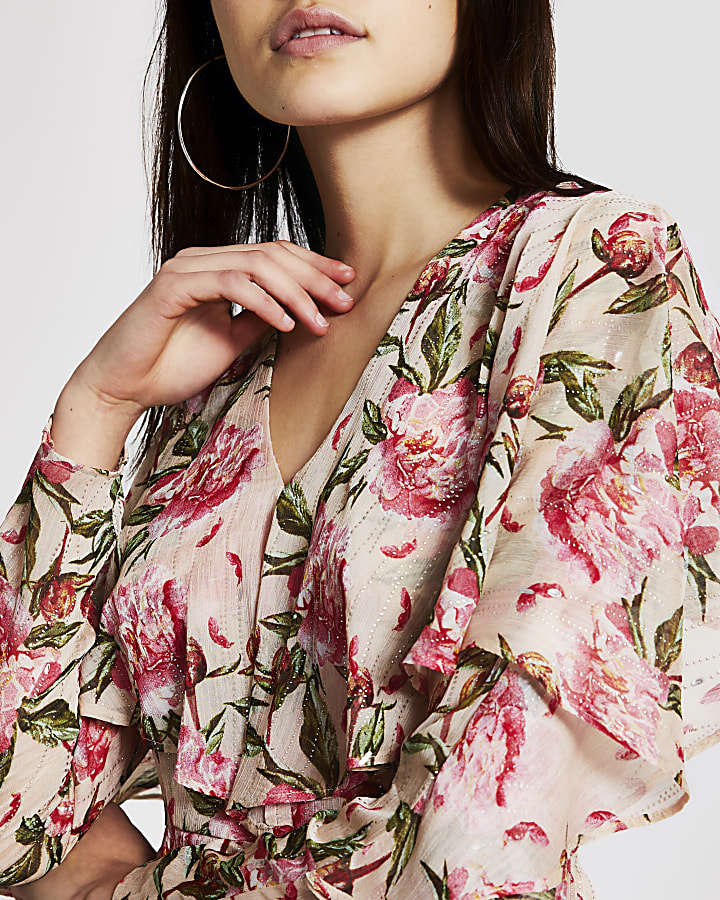 Pink floral long frill sleeve blouse