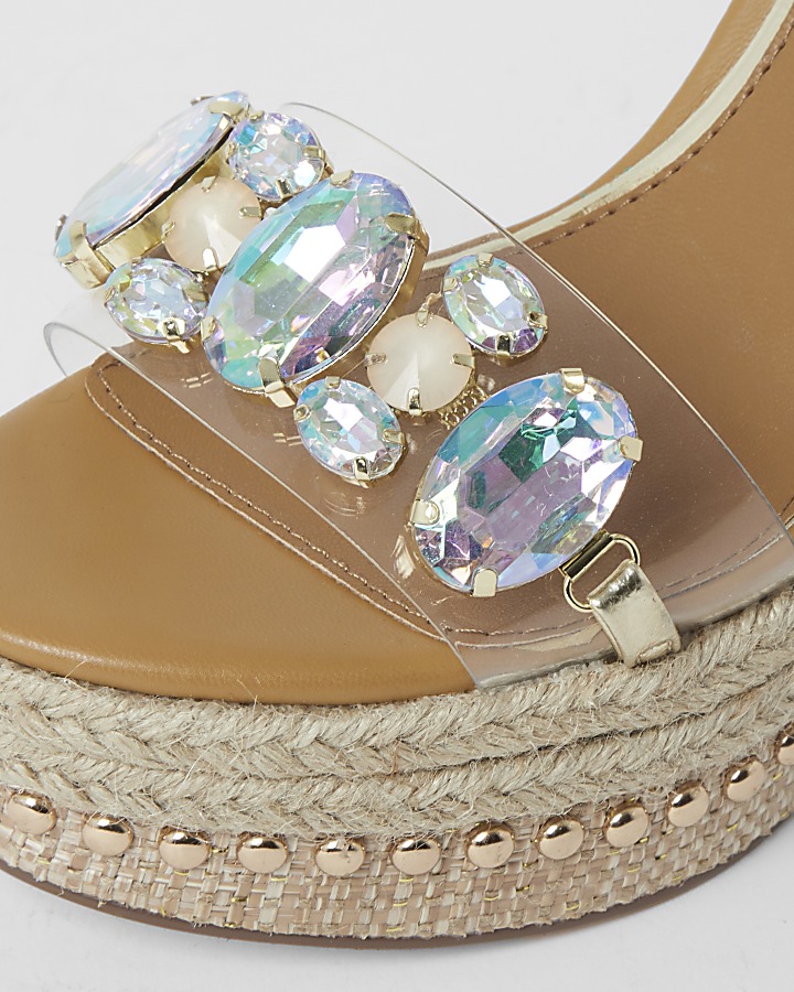 Beige embellished perspex wedge sandals