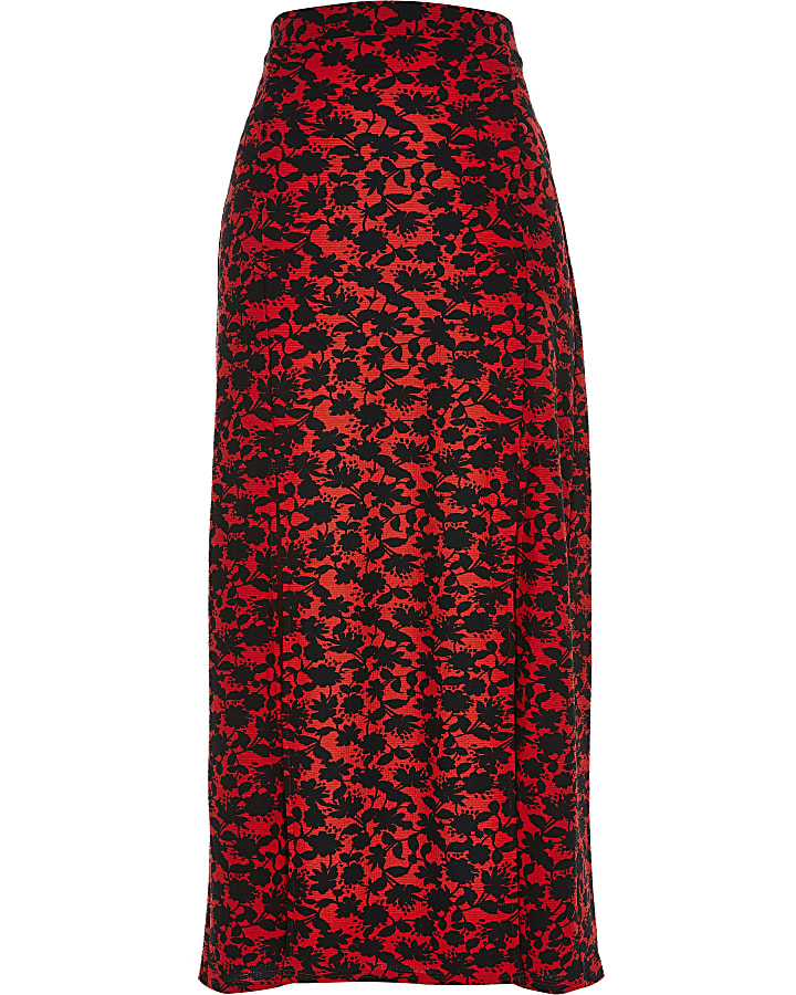 Red floral split leg midi skirt