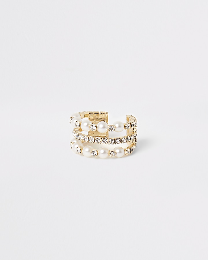 Gold colour pearl and diamante embellish ring
