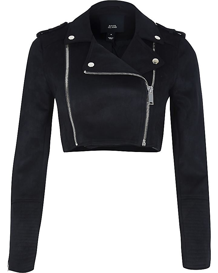 Black crop double zip biker jacket