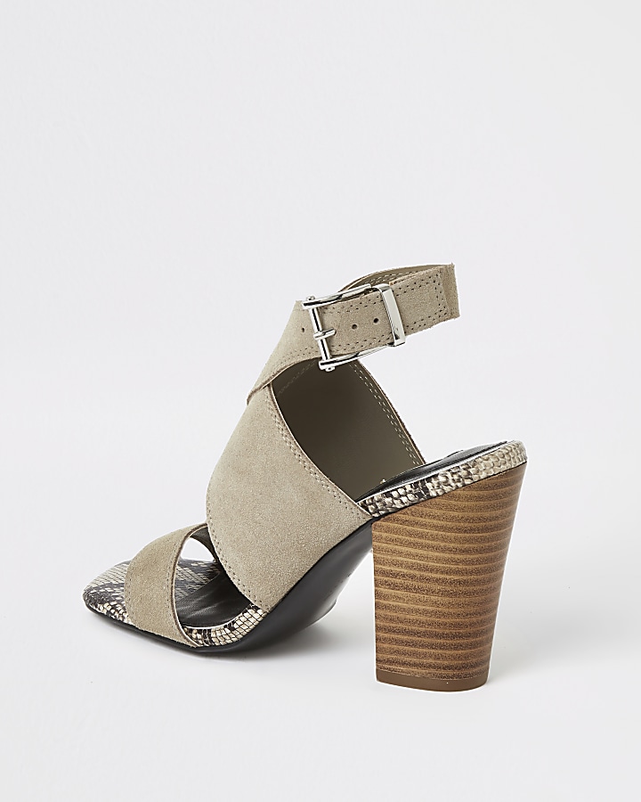 Grey suede cross strap heeled shoe boots