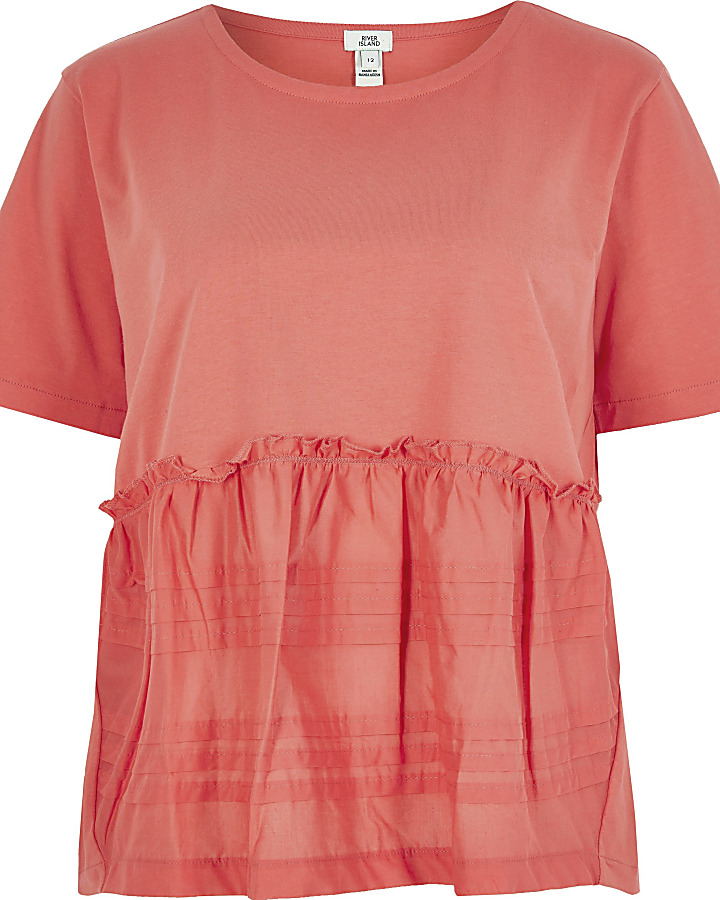 Coral poplin pleated smock T-shirt