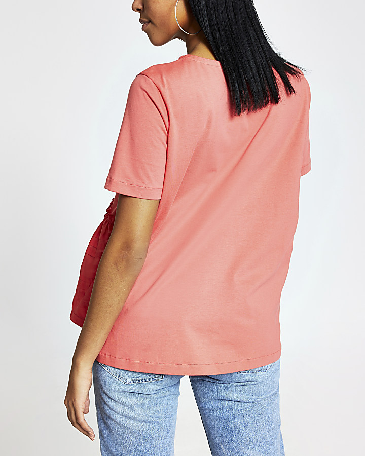 Coral poplin pleated smock T-shirt