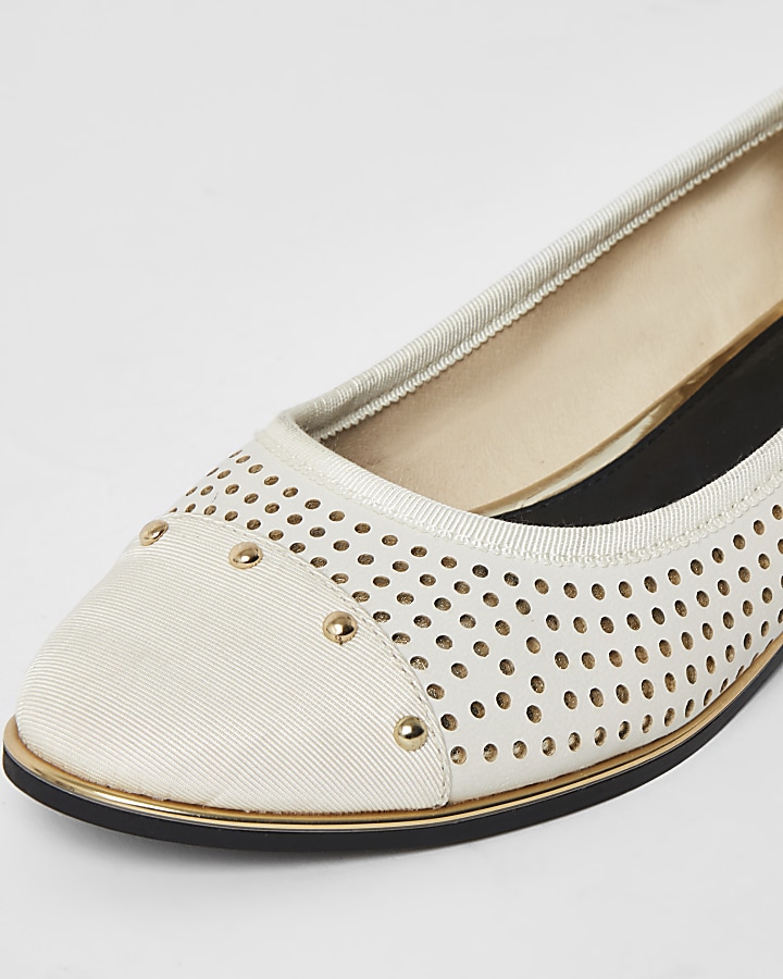 Cream perforated studded ballet shoes