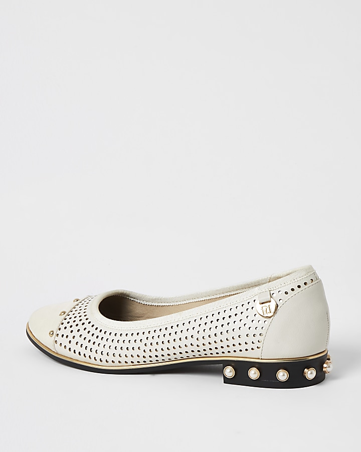 Cream perforated studded ballet shoes