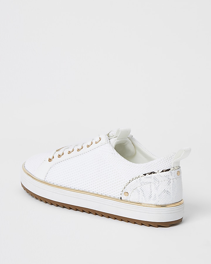 White knitted lace-up cleated trainers