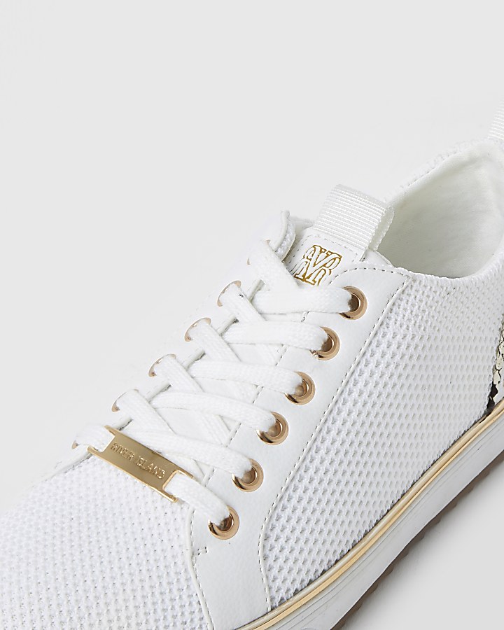 White knitted lace-up cleated trainers