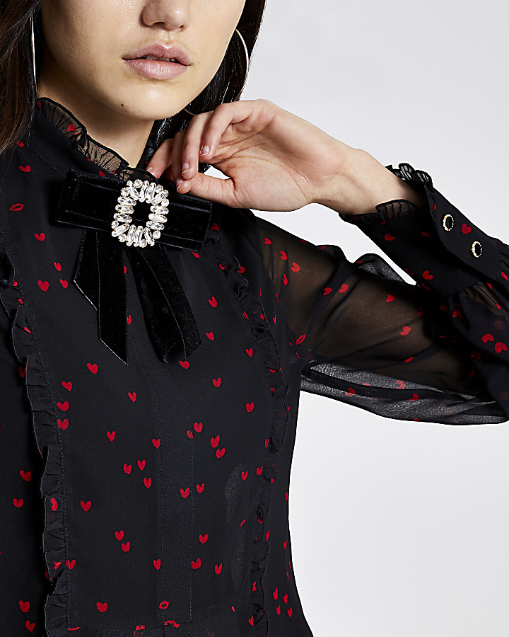 Black heart print diamante brooch blouse