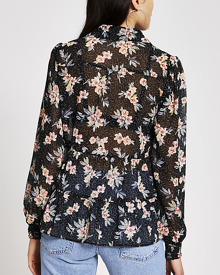 Black floral print frill trim blouse