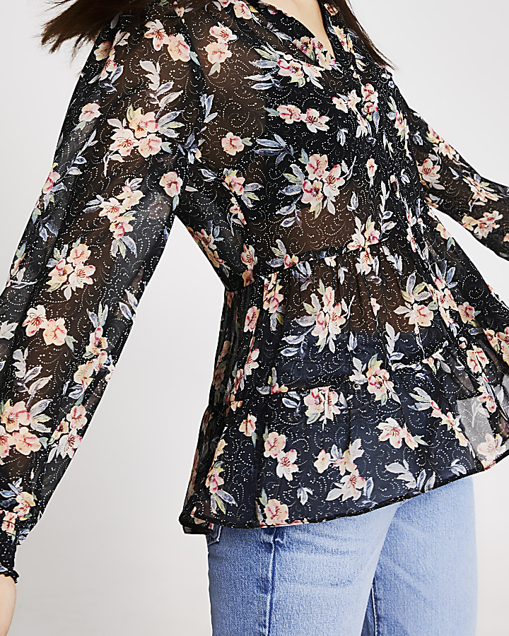 Black floral print frill trim blouse