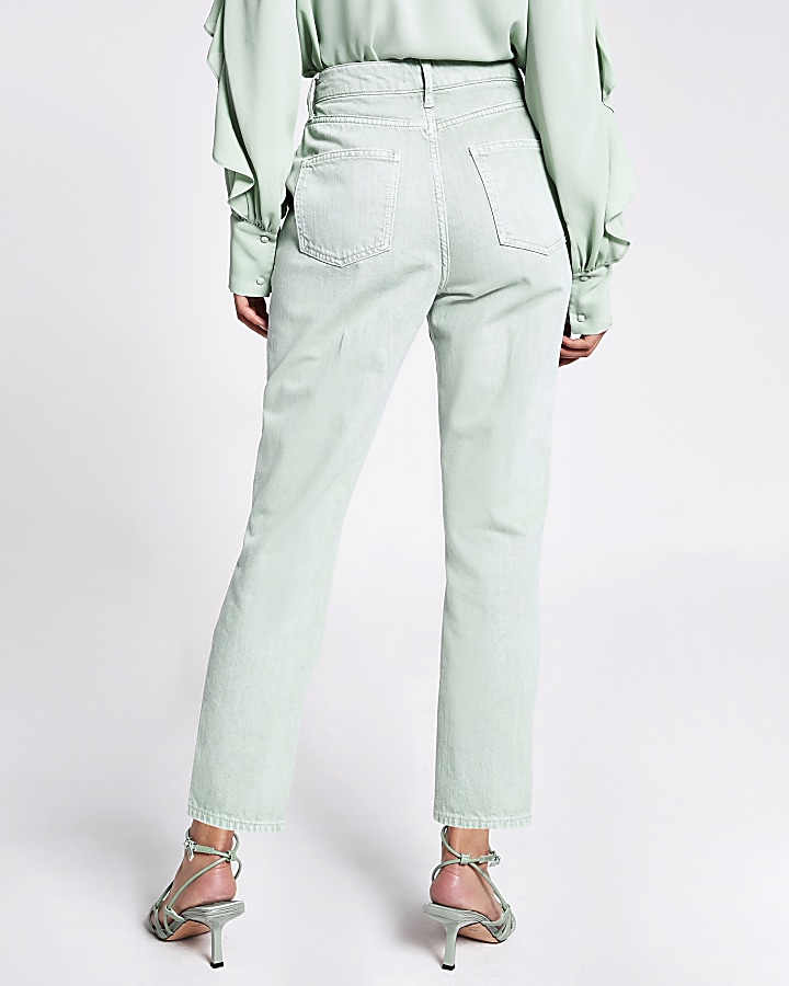 Green high waisted tapered leg jeans