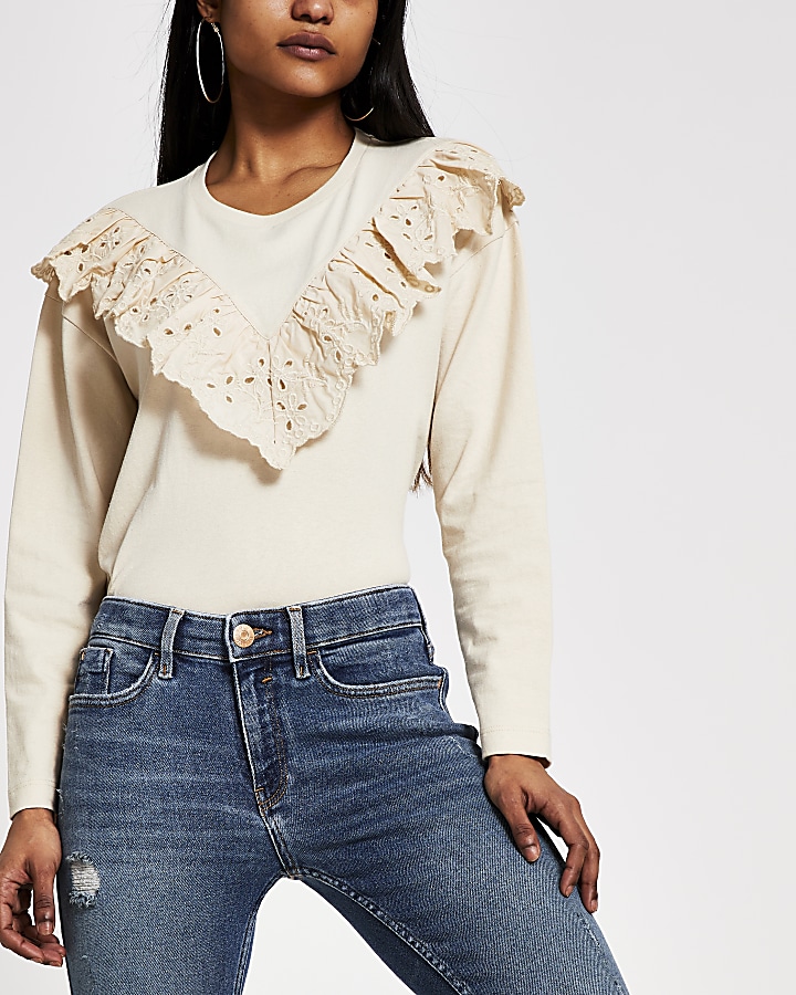 Petite stone broderie long sleeve T-shirt