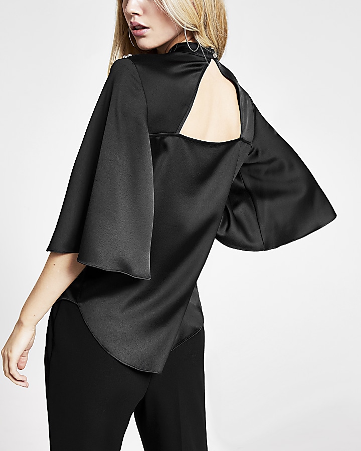 Black embellished shoulder satin blouse