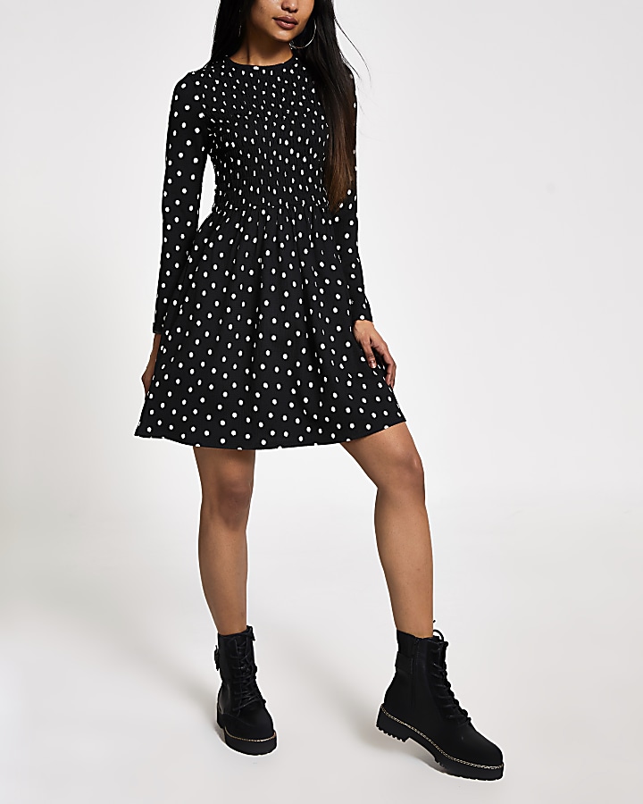 Petite black polka dot shirred mini dress