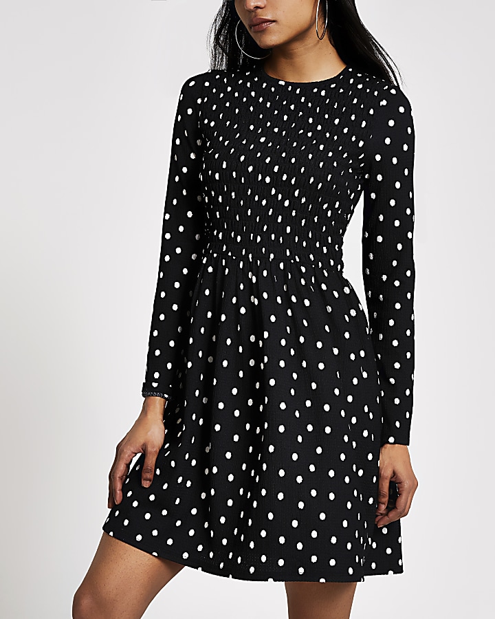Petite black polka dot shirred mini dress