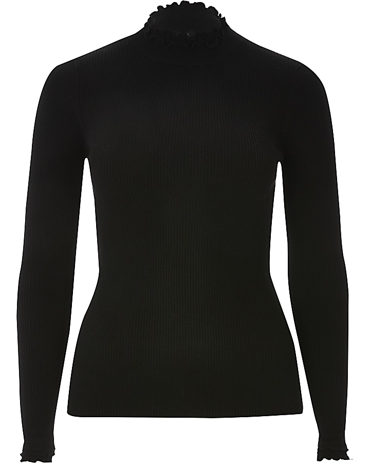 Black high frill neck fitted rib knit top
