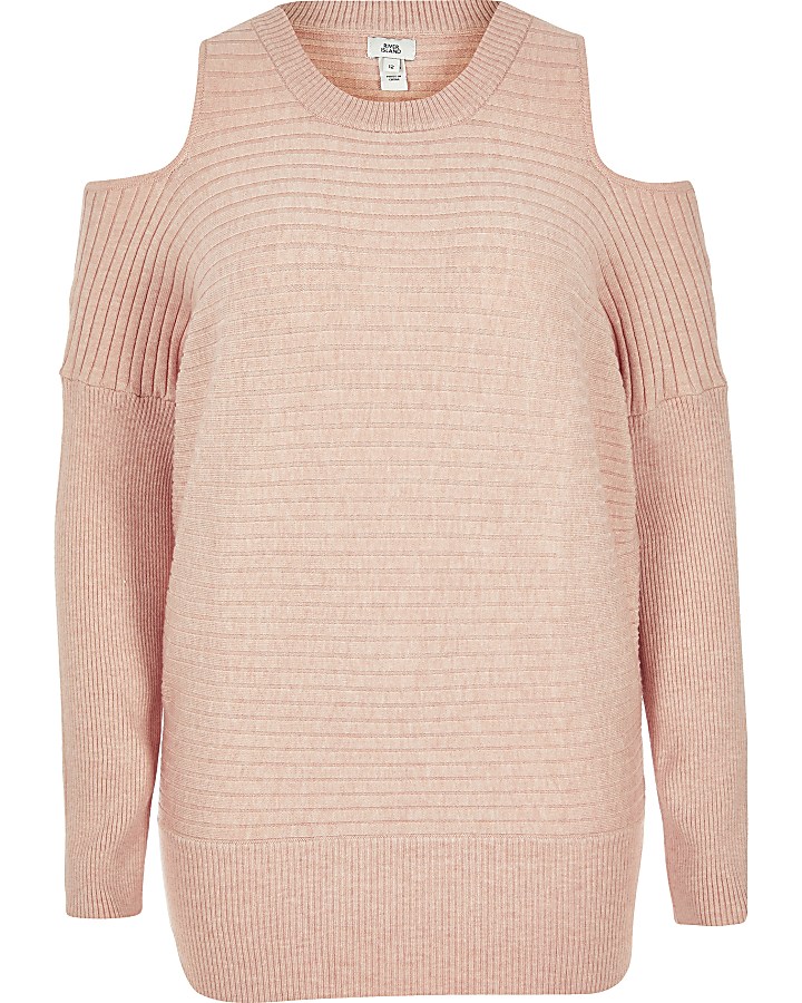Pink cold shoulder rib knitted jumper