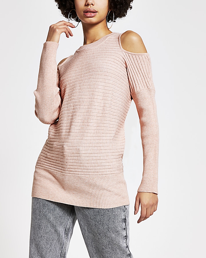 Pink cold shoulder rib knitted jumper