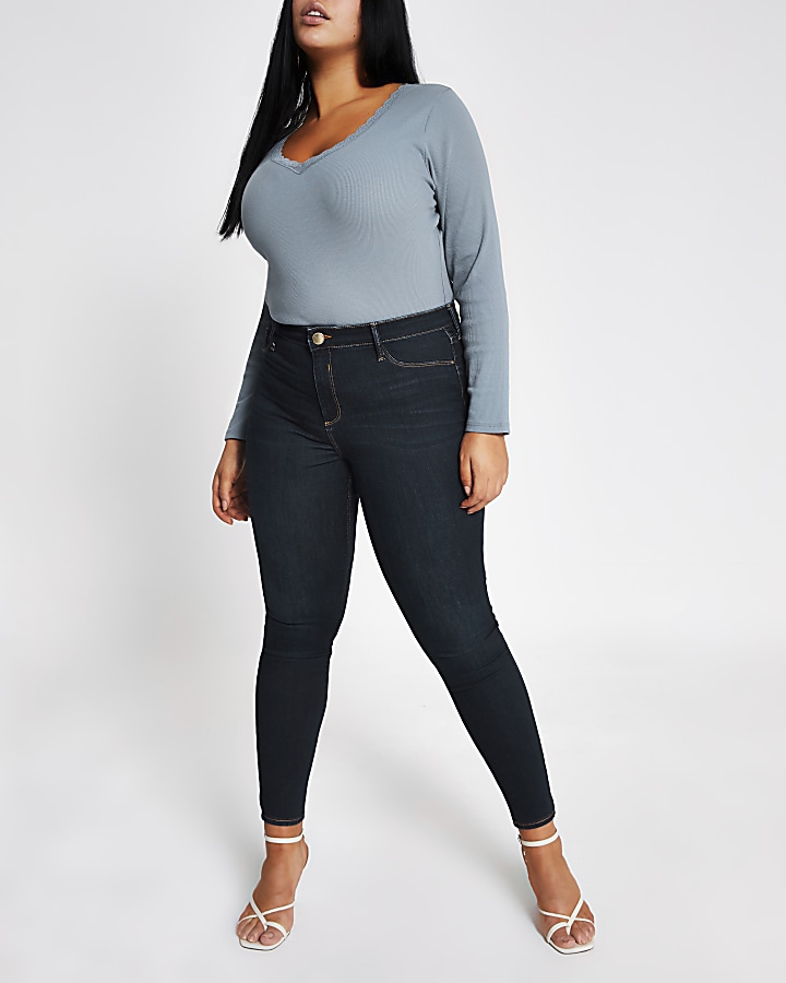 Plus blue lace V neck fitted top