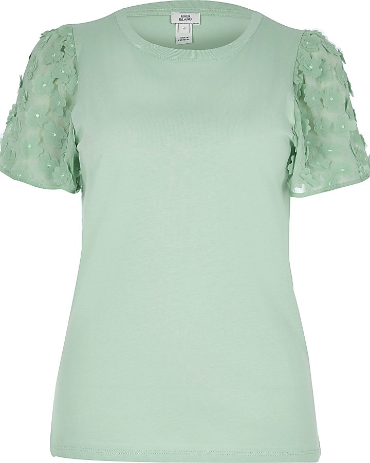 Light green flower embellished sleeve T-shirt