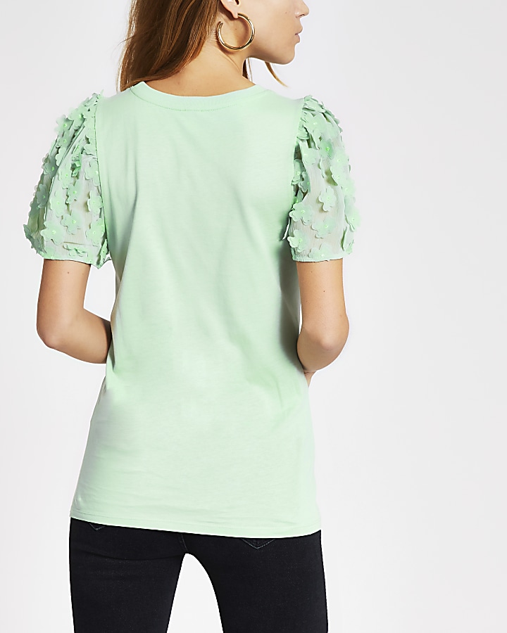 Light green flower embellished sleeve T-shirt