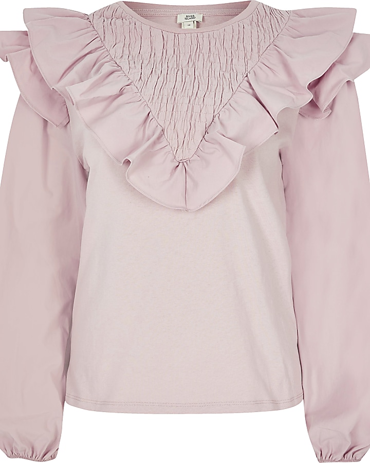 Pink long sleeve frill front blouse