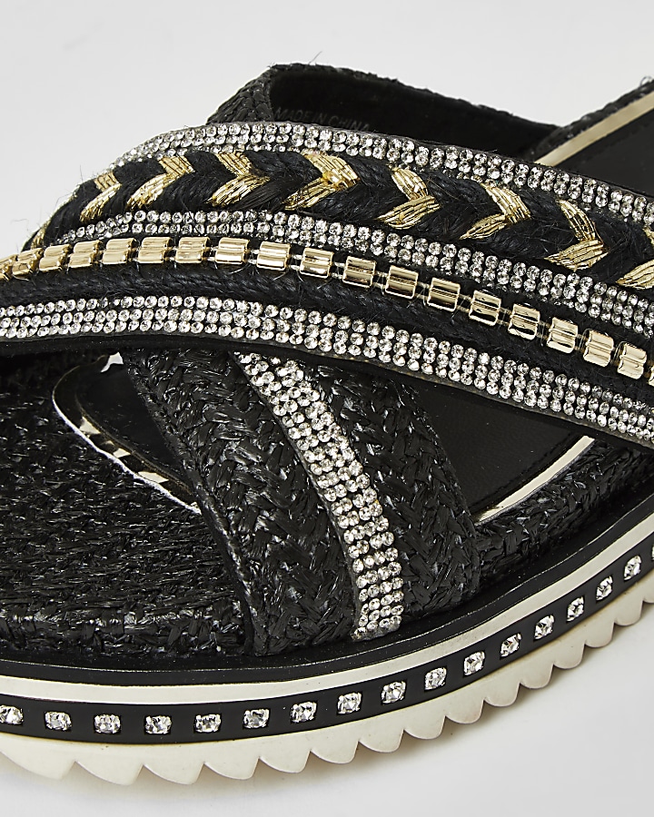 Black embellish cross strap flatform sandals