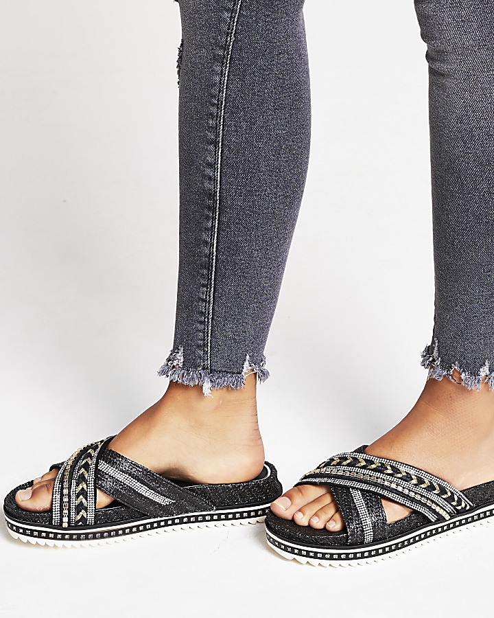 Black embellish cross strap flatform sandals
