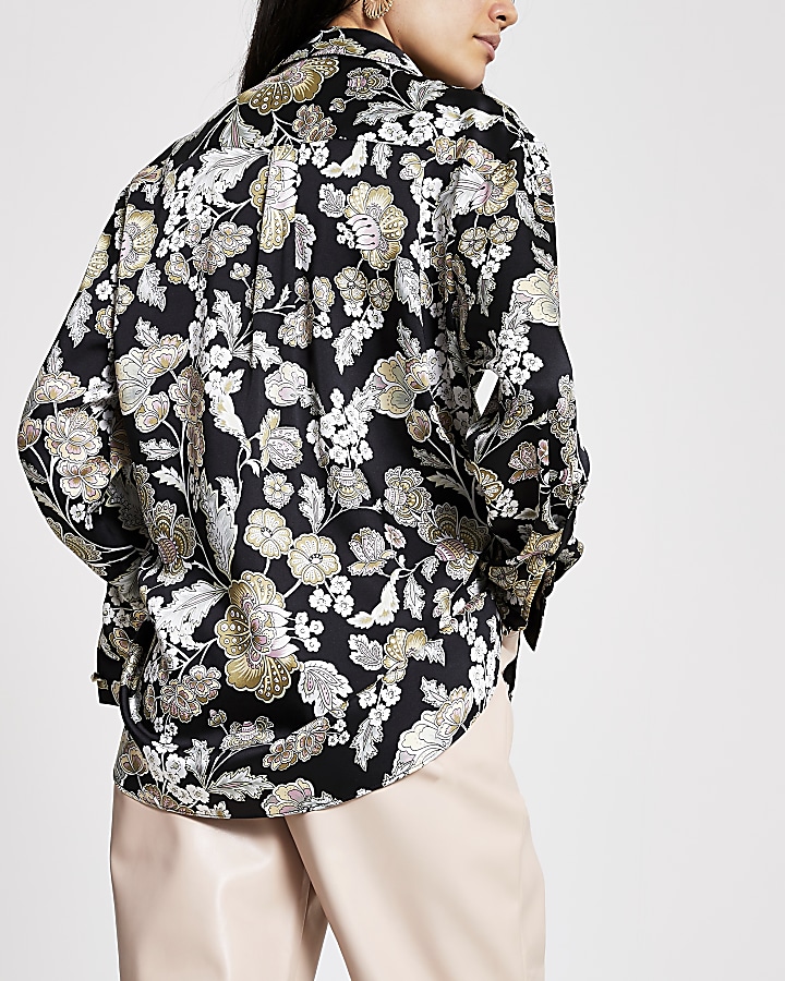 Black floral paisley print boyfriend shirt